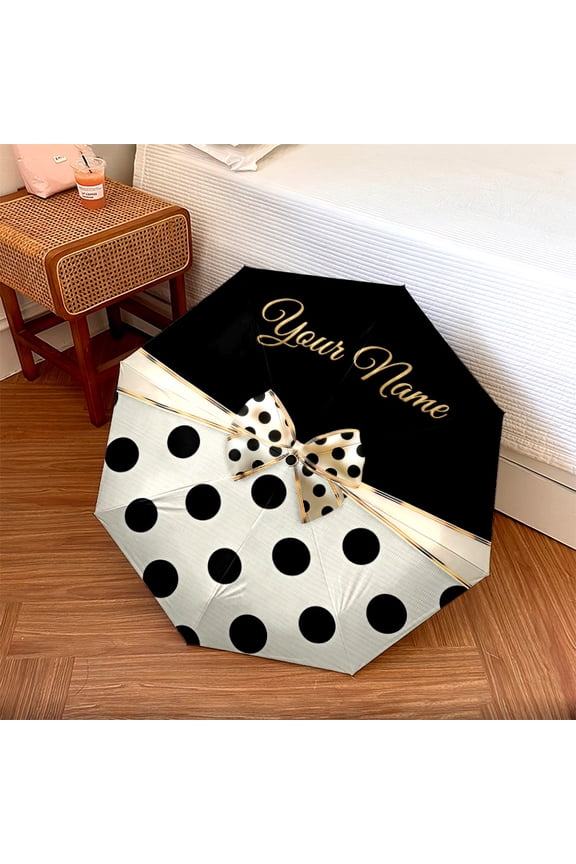 Custom Name Polka Dot Bow Fashion Print Automatic Folding Umbrella, Portable 8-Rib Windproof Rain Umbrella for Outdoor, Travel, and Daily Use