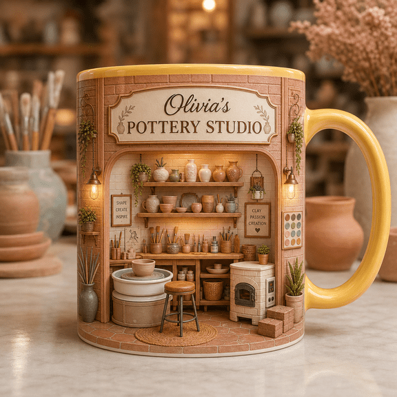 Custom Name Pottery Artist Mug, Personalized 3D Effect Pottery Studio Gift