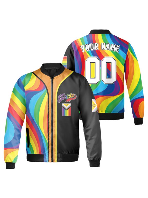 Custom Name Pride Bomber Jacket, Rainbow Colorblock and LGBT Pride Flag Graphic, Gay Pride Month Black Zip Up Jacket