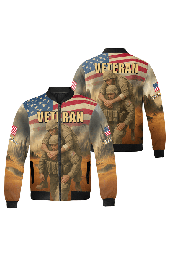 Custom Name Proud US Veteran Bomber Jacket - Personalized Name, US Flag & Military Artwork - Perfect Gift for Veterans