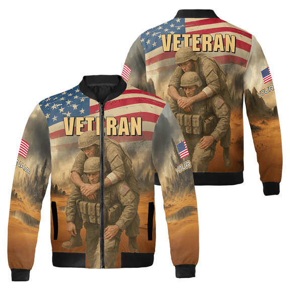 Custom Name Proud US Veteran Bomber Jacket - Personalized Name, US Flag & Military Artwork - Perfect Gift for Veterans