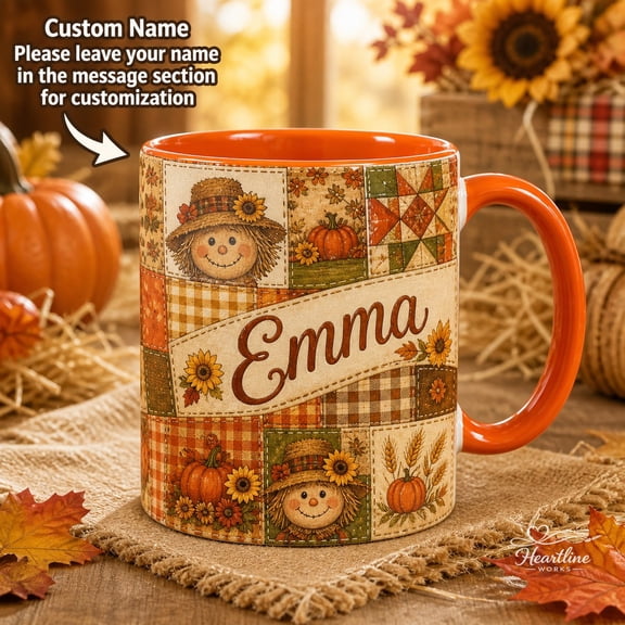 Custom Name Pumpkin Mug Scarecrow Patchwork Ceramic Coffee Cup for Fall Mornings, Thanksgiving Family Gift