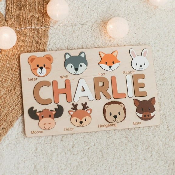 Custom Name Puzzle With Animals, Personalized Birthday Gift, Montessori Toys Board