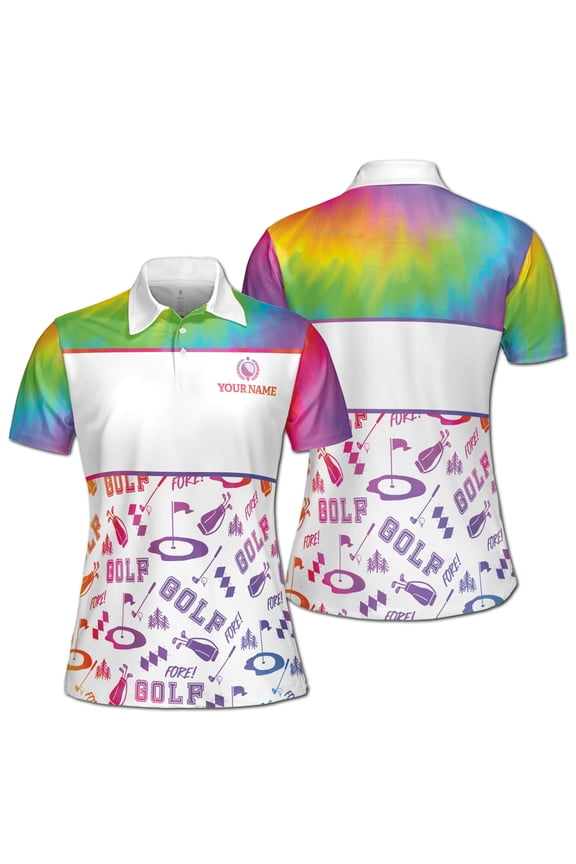 Custom Name Rainbow Color Fore! Golf Pattern Women's Polo Shirt S-5XL