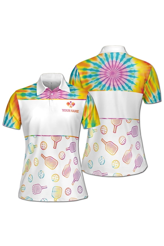 Custom Name Rainbow Pickleball Pattern Women's Polo Shirt S-5XL