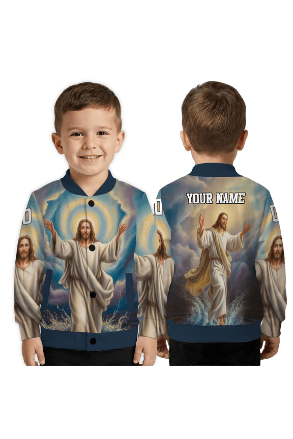 Custom Name Religious Faith Printed Baseball Jacket, Jesus Walking on Water Baseball Jacket, Custom Christian Holiday Gift