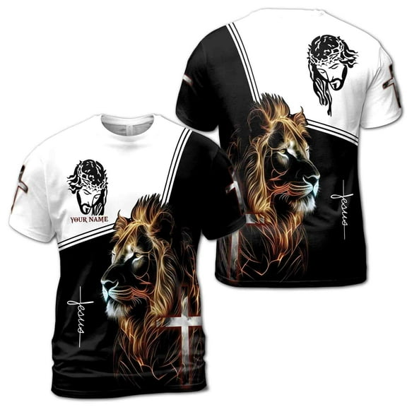 Custom Name Religious Jesus Lion Christ Religious God 3D T-Shirt S-5XL