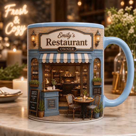 Custom Name Restaurant Owner Mug, Personalized 3D Effect Storefront Gift