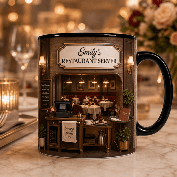 Custom Name Restaurant Server Mug, Personalized 3D Effect Dining Room Gift