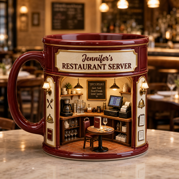 Custom Name Restaurant Server Mug, Personalized 3D Effect Mug for Waitress Server Gift