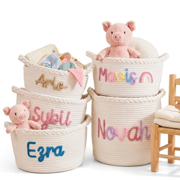 Custom Name Rope Storage Basket, Personalized Woven Organizer Bin with Handles, Decorative Storage for Laundry, Clothes, Decorative Home Storage
