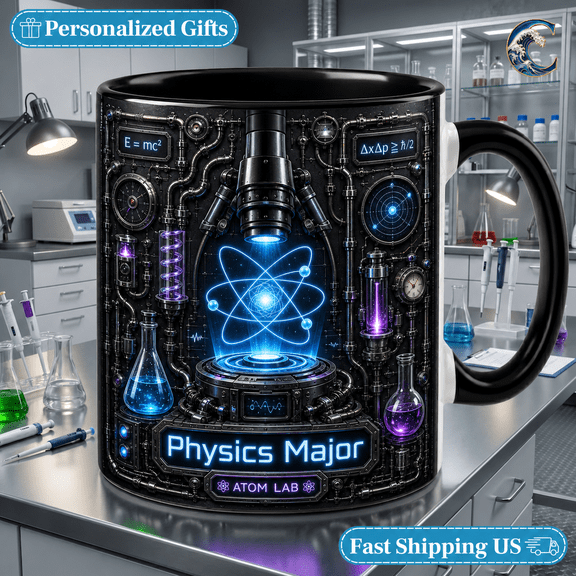 Custom Name Science Lab Mug, Neon Physics Major Ceramic Coffee Cup for Scientists