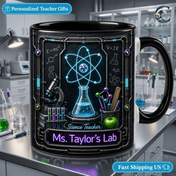 Custom Name Science Teacher Mug Neon Lab Design Ceramic Coffee Cup for Teachers