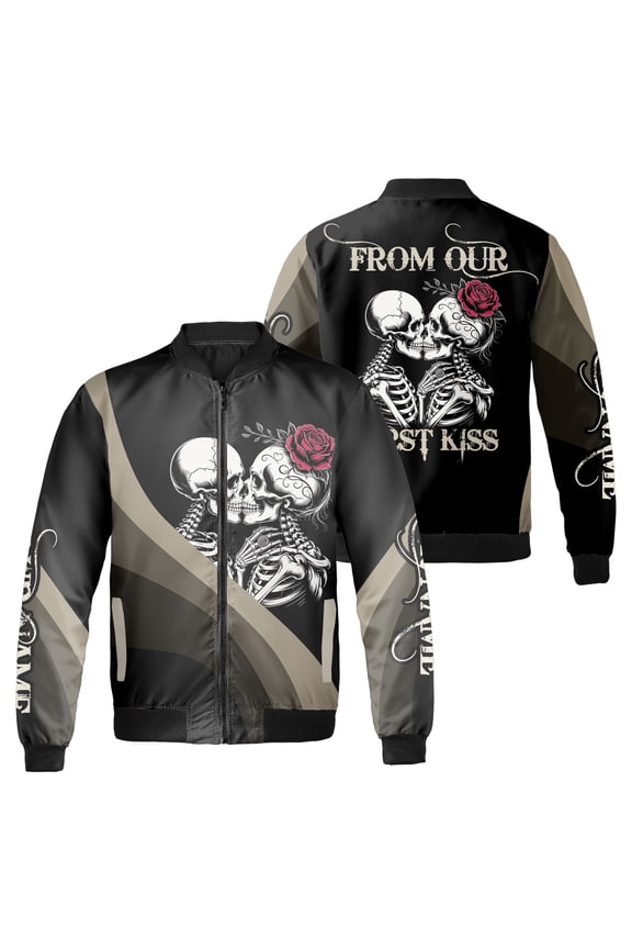Custom Name Skeleton Couple From Our First Kiss Gothic Bomber Jacket – Personalized Till Our Last Breath Zip Up Jacket - Valentine's Day, Anniversary Gift