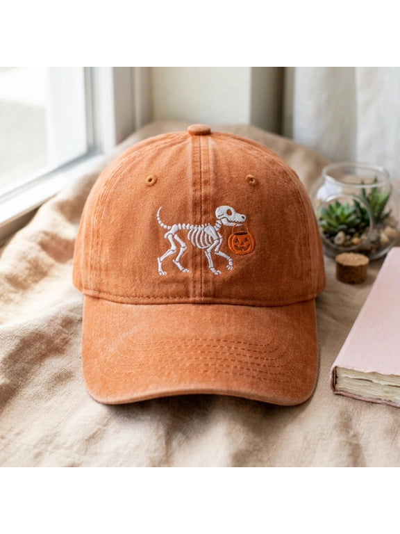 Custom Name Skeleton Dog Embroidered Baseball Hat, Personalized Halloween Cap, Spooky Season Puppy Lover Gift, Boo Basket Gift