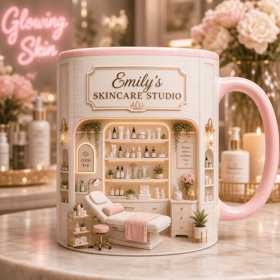 Custom Name Skincare Studio Owner 3D Effect Mug, Personalized Spa Shop Gift