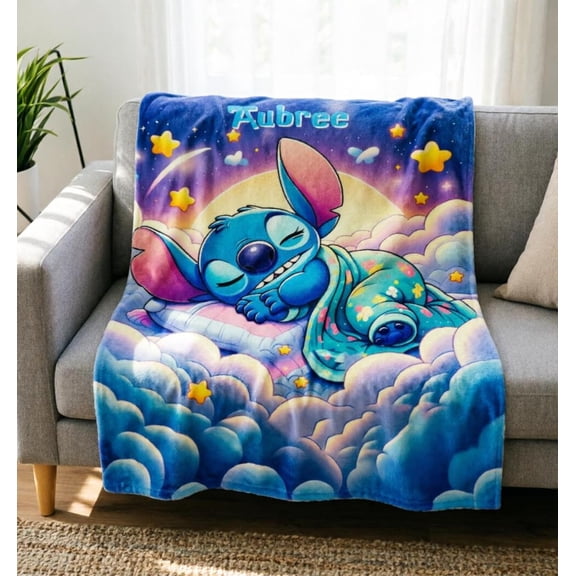 Custom Name Sleepy Stitch Flannel Blanket, Starry Night Cloud Kids Throw, 80x60 inch