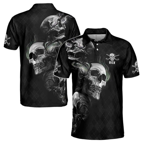 Custom Name Smoke Skull Dark Checked Golf Men's Polo Shirt S-5XL