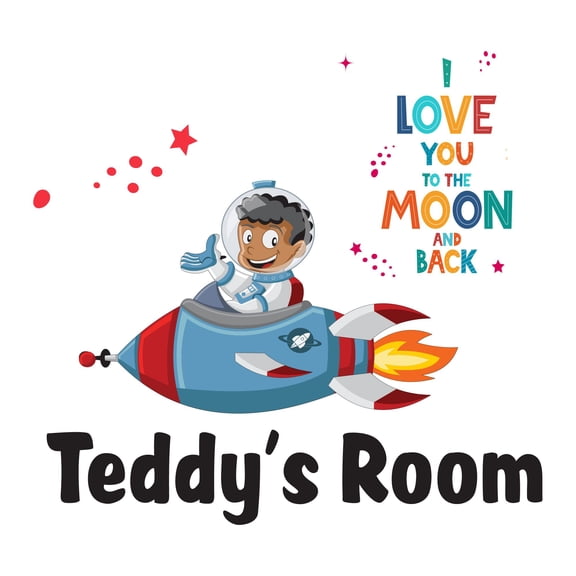 Custom Name Space Ride Love PlanetsWall Decal Decoration I love you to the Moon & back Adventurous Space Cartoon Rocket Decorating Ideas for Boy's Bedroom Size: 10 In(W) x 9 In(H)