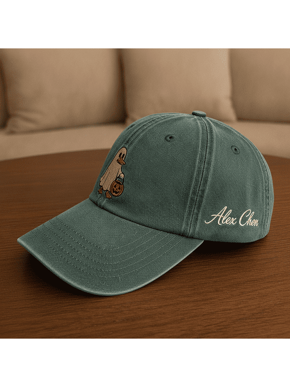 Custom Name Spooky Ghost Duck Embroidered Washed Dad Hat, Personalized Cute Halloween Duck Baseball Cap, Vintage Fall Gift