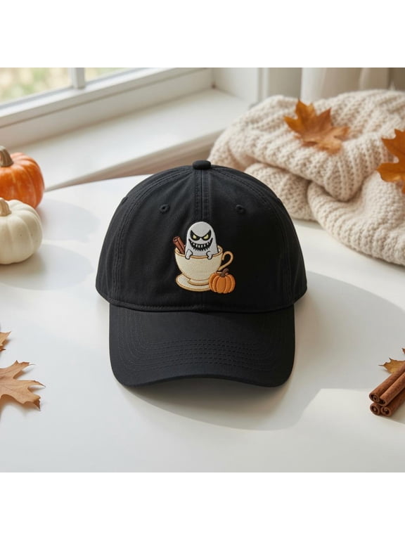 Custom Name Spooky Ghost in Coffee Cup Embroidered Hat, Personalized Halloween Pumpkin Spice Fall Cap, Coffee Lover Gift