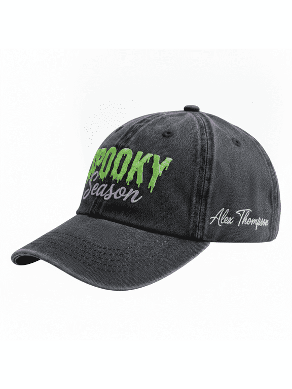 Custom Name Spooky Season Embroidered Hat, Personalized Halloween Baseball Cap, Green Drip Letter Hat, Spooky Gift