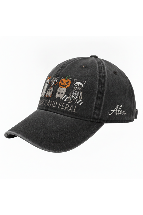 Custom Name Spooky and Feral Halloween Embroidered Washed Dad Hat, Personalized Retro Cute Animals Baseball Cap, Halloween Gift