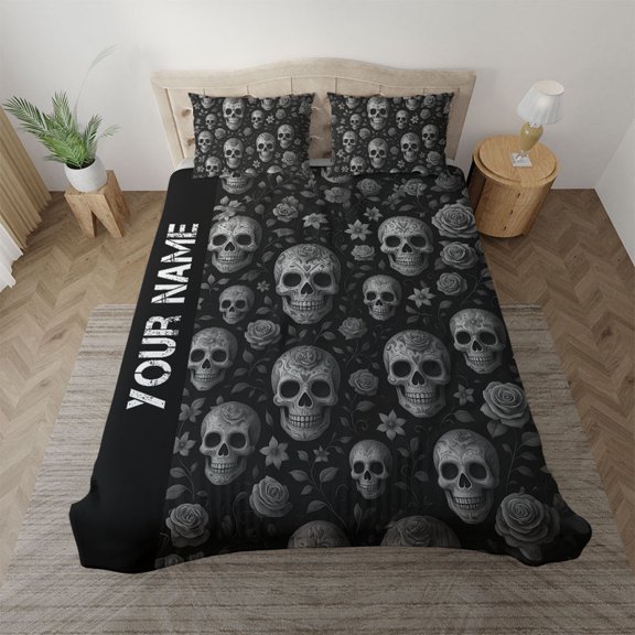 Custom Name Sugar Skull Bedding Set – Personalized Halloween Dark Floral Skull Bedroom Décor