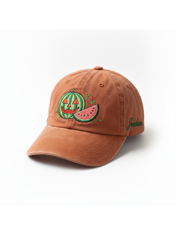Custom Name Summerween Embroidered Cap, Personalized Watermelon Jack-o’-Lantern Halloween Hat, Tropical Goth Gift