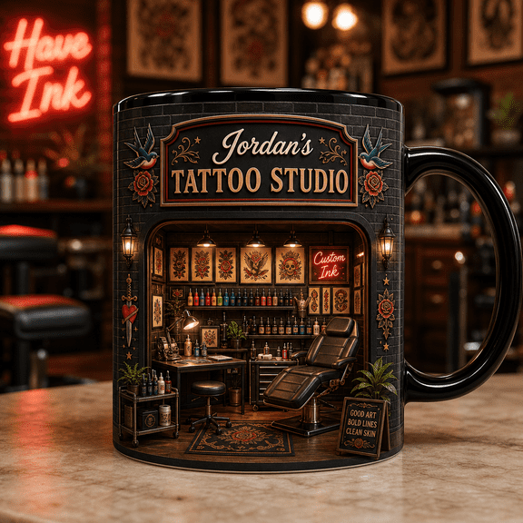 Custom Name Tattoo Artist Mugs, Personalized Ceramic Tattoo Studio Mugs