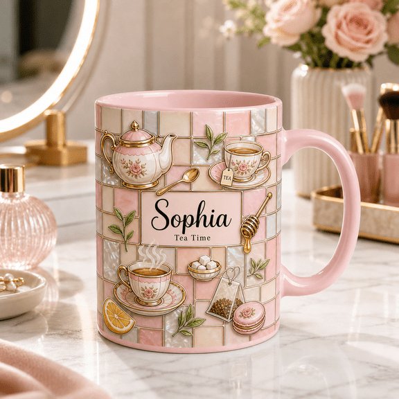 Custom Name Tea Lover 3D Effect Mug, Personalized Tea Time Aesthetic Gift