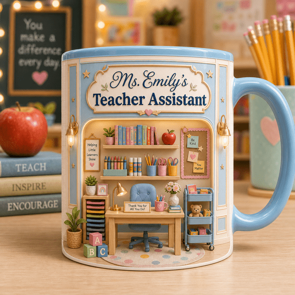 Custom Name Teacher Assistant 3D Effect Mug, Personalized Classroom Helper Gift