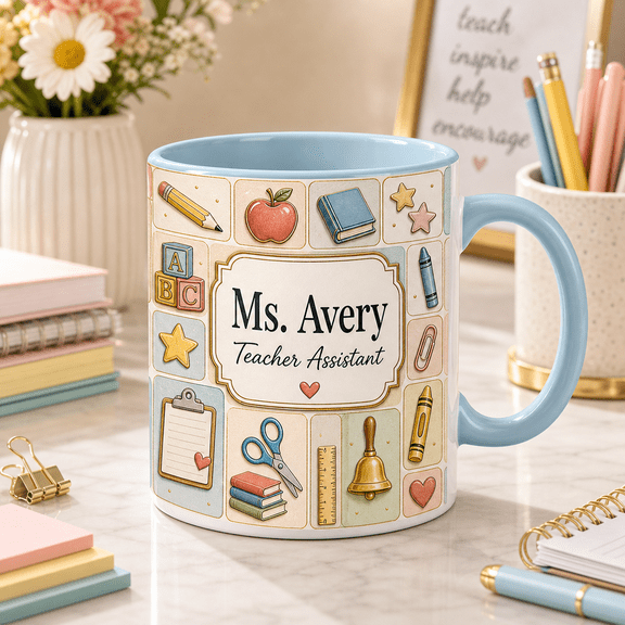 Custom Name Teacher Assistant Mug, 3D Effect Classroom Helper Gift Mug