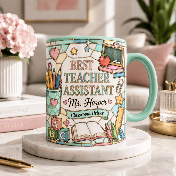 Custom Name Teacher Assistant Mug, 3D Effect Classroom Helper Gift