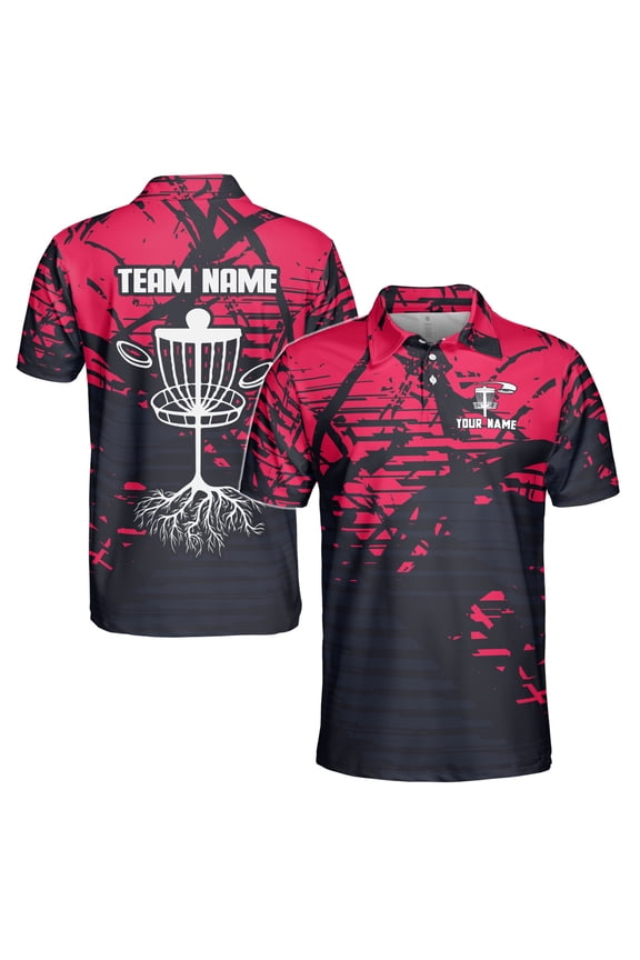 Custom Name Team Disc Golf Grunge Black Red Pattern Men's Polo Shirt S-5XL