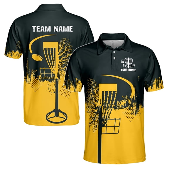 Custom Name Team Disc Golf Grunge Black Yellow Pattern Men's Polo Shirt S-5XL