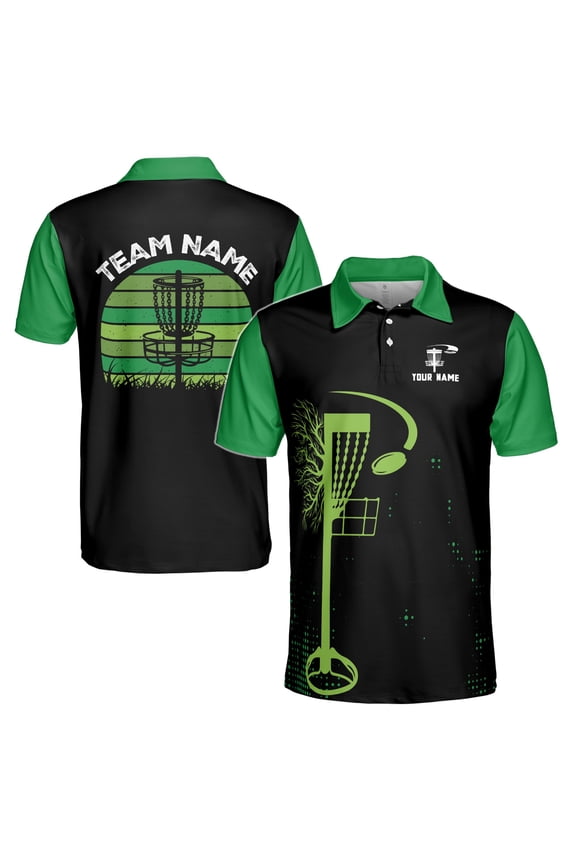 Custom Name Team Disc Golf Retro Black Green Pattern Men's Polo Shirt S-5XL