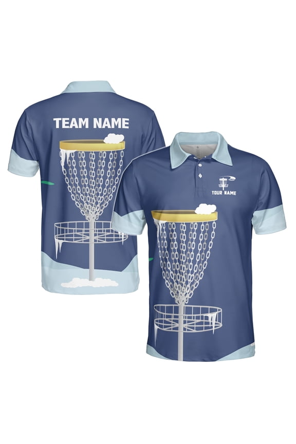 Custom Name Team Disc Golf Retro Blue Pattern Men's Polo Shirt S-5XL