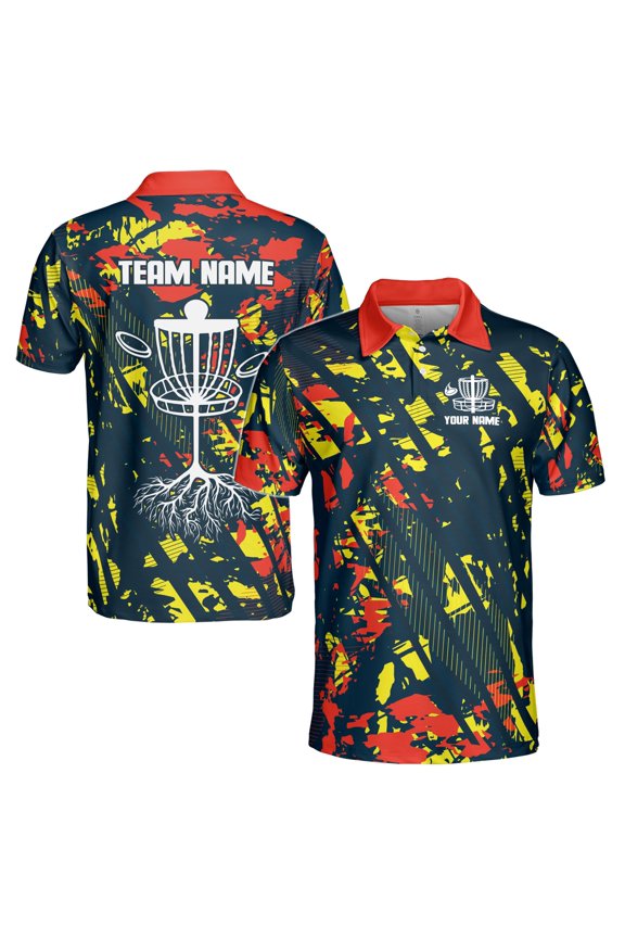 Custom Name Team Disc Golf Splatter Orange Yellow Paint Men's Polo Shirt S-5XL