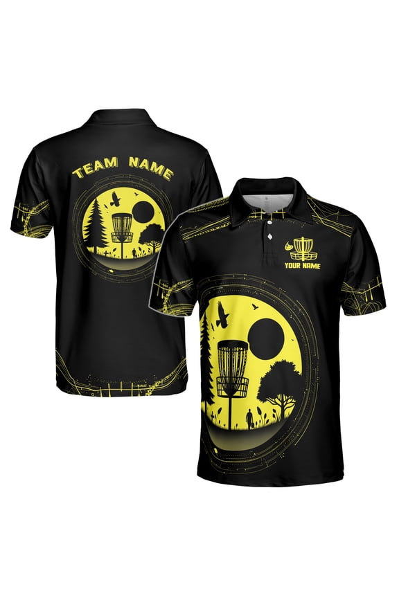 Custom Name Team Funny Retro Disc Golf Black Yellow Men's Polo Shirt S-5XL