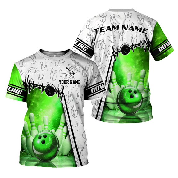 Custom Name Team Name 3D Bowling Shirt, Bowling Shirts for Men Women, Short Sleeve Shirts for Team Bowling (Green, L)
