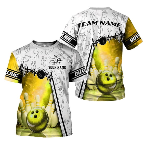 Custom Name Team Name 3D Bowling Shirt, Bowling Shirts for Men Women, Short Sleeve Shirts for Team Bowling (Yellow, S)