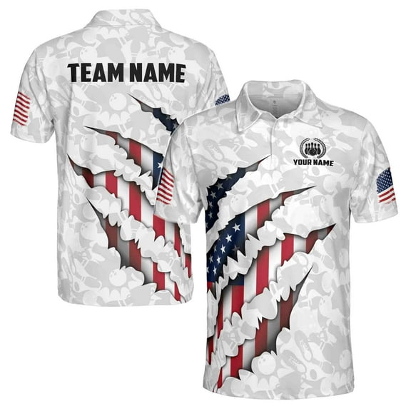 Custom Name Team Name American Flag Bowling Men's Polo Shirt S-5XL