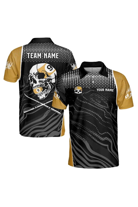 Custom Name Team Name Billiard Skull 9 Balls Pool Men's Polo Shirt S-5XL