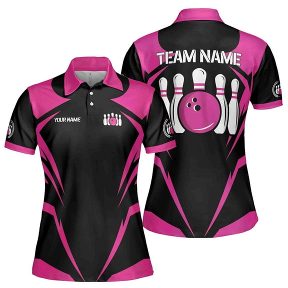 Custom Name Team Name Black Pink Bowling Ball Women's Polo Shirt S-5XL