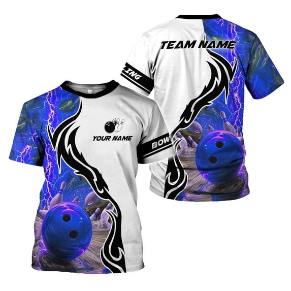 Custom Name Team Name Bowling 3D Shirt, Bowling Shirts for Men Women, Short Sleeve Shirts for Team Bowling (Blue, 3XL)
