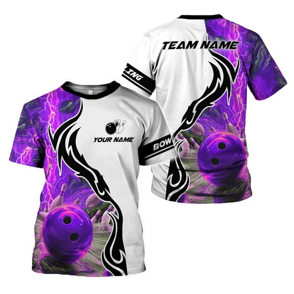 Custom Name Team Name Bowling 3D Shirt, Bowling Shirts for Men Women, Short Sleeve Shirts for Team Bowling (Purple, 2XL)