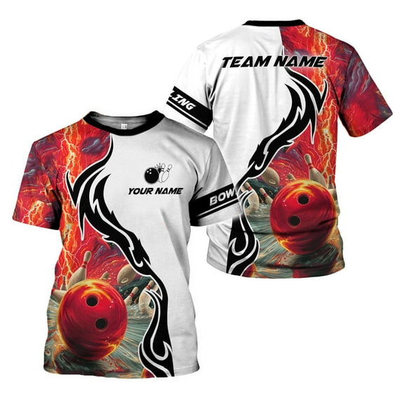 Custom Name Team Name Bowling 3D Shirt, Bowling Shirts for Men Women, Short Sleeve Shirts for Team Bowling (Red, S)