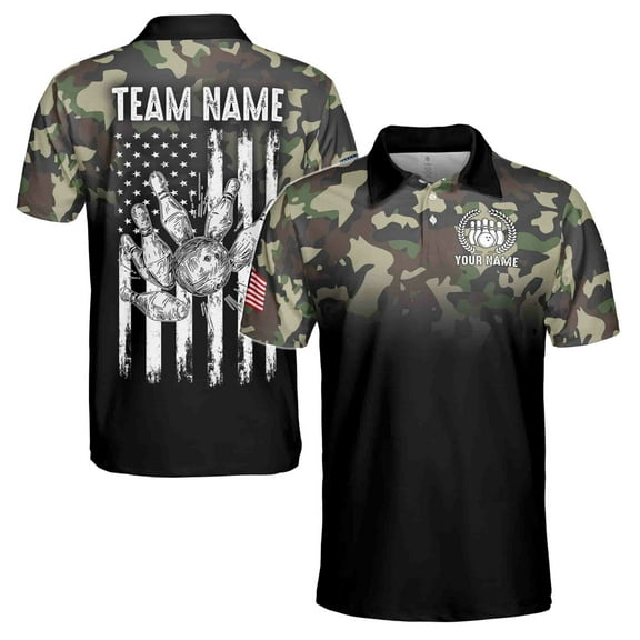 Custom Name Team Name Bowling Ball American Flag Army Men's Polo Shirt S-5XL