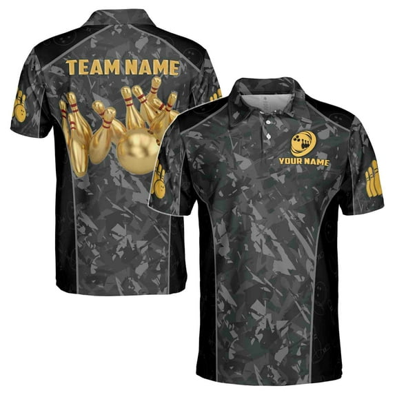 Custom Name Team Name Gold Bowling Ball In Dark Men's Polo Shirt S-5XL